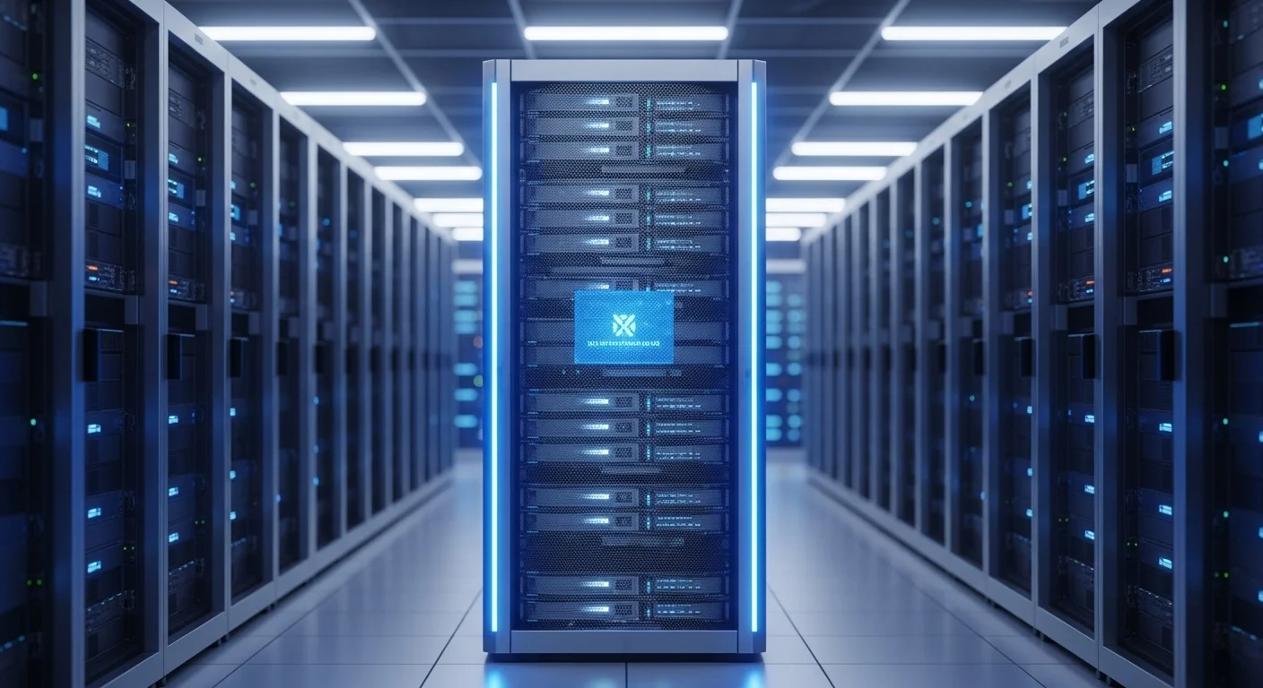 Rack de servidores iluminados en un centro de datos moderno, representando la potencia y exclusividad de un servidor dedicado.