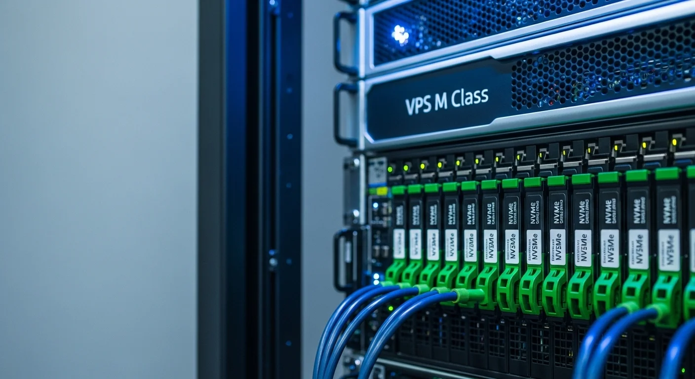Un rack de servidores de alto rendimiento con unidades vps m ssd de tipo NVMe iluminadas, simbolizando la máxima velocidad en alojamiento web.