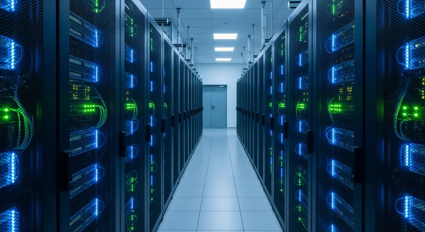 Centro de datos de un banco fintech con racks de servidores iluminados, representando la infraestructura de la banca digital y fintech.