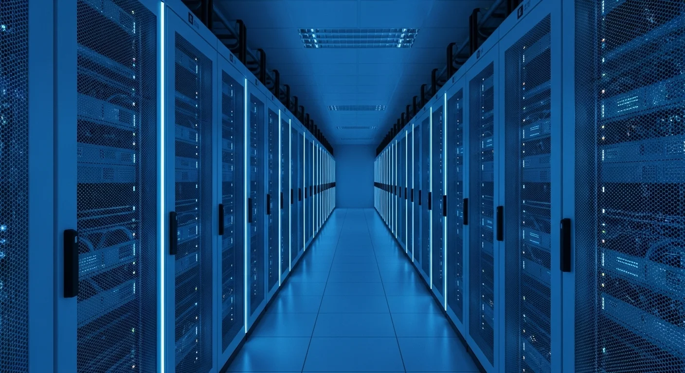 Pasillo de un centro de datos con racks de servidores iluminados, representando la infraestructura tecnológica detrás de las inversiones fintech y paytech.