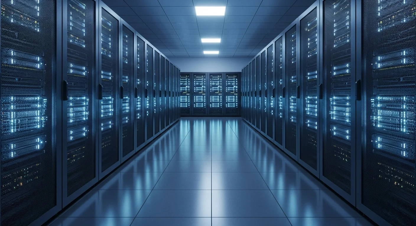 Pasillo de un centro de datos con racks de servidores iluminados, simbolizando la infraestructura tecnológica de una entidad financiera.