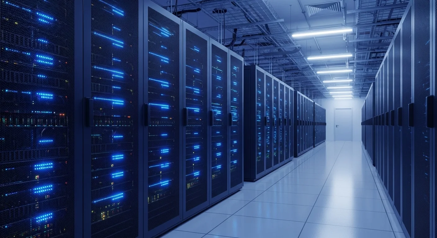 Pasillo de un moderno centro de datos con racks de servidores iluminados, representando la infraestructura robusta de los mejores hosting.