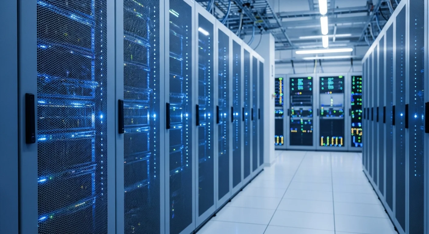 Pasillo de un centro de datos moderno con racks de servidores iluminados, representando la infraestructura física detrás de los hosting planes.