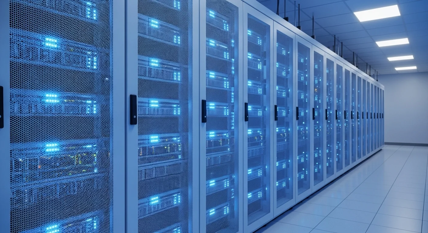 Vista de un corredor de un centro de datos moderno con racks de servidores iluminados, representando un servicio de Hosting Deluxe Linux con cPanel de alto rendimiento.