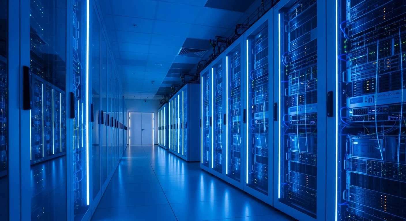 Vista de un pasillo en un centro de datos con múltiples racks de servidores de alojamiento web iluminados con luces azules.