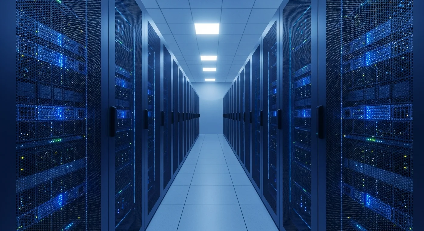 Vista de un pasillo de un centro de datos con racks de servidores iluminados en tonos azules, representando la infraestructura física robusta que soporta los vps baratos.