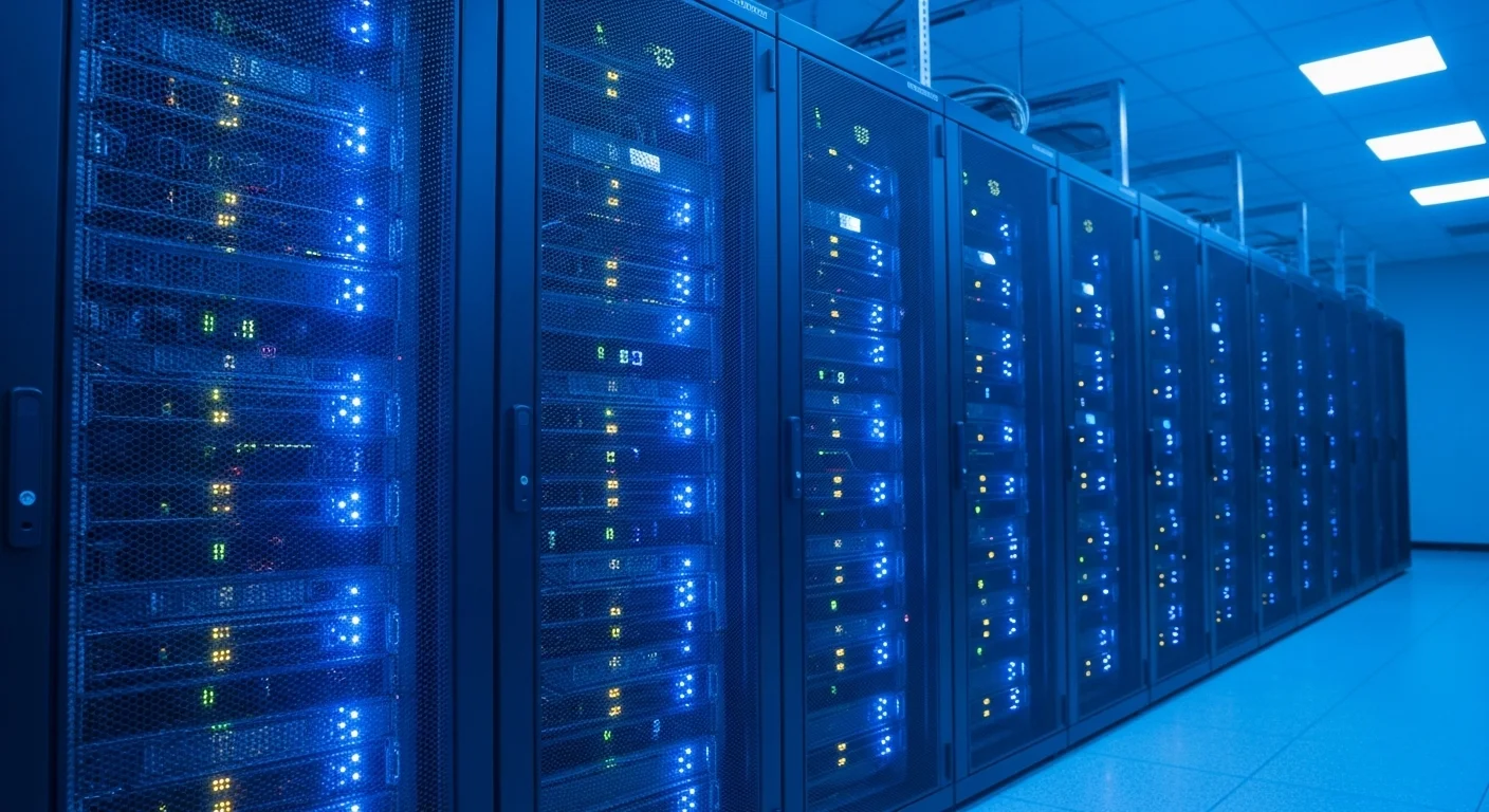 Fila de servidores en un centro de datos iluminado con luces azules, representando el concepto de hosting barato y accesible.