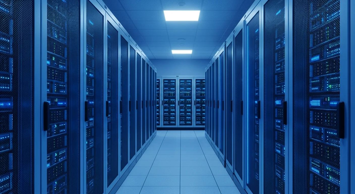 Vista de un pasillo en un centro de datos con múltiples racks de servidores de hosting iluminados con luces LED azules.