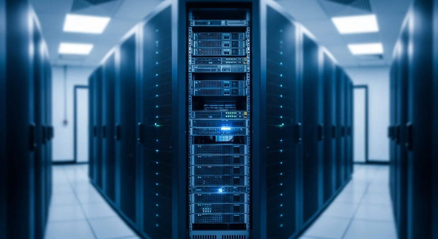 Fotografía de un pasillo de un centro de datos con múltiples servidores rack, representando los servicios de hosting.