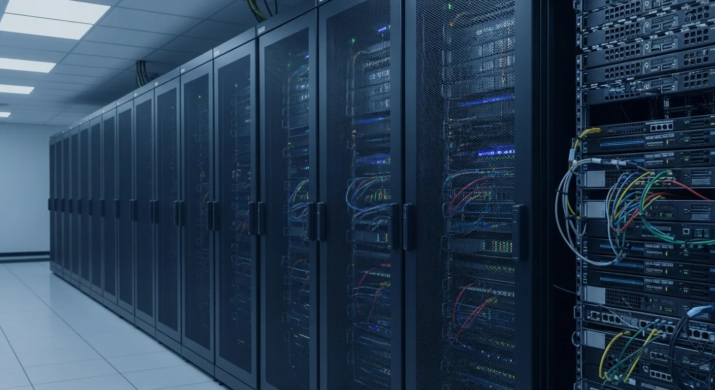 Pasillo de un centro de datos con racks de servidores, representando la robusta infraestructura de TI que una empresa puede adquirir con financiación.