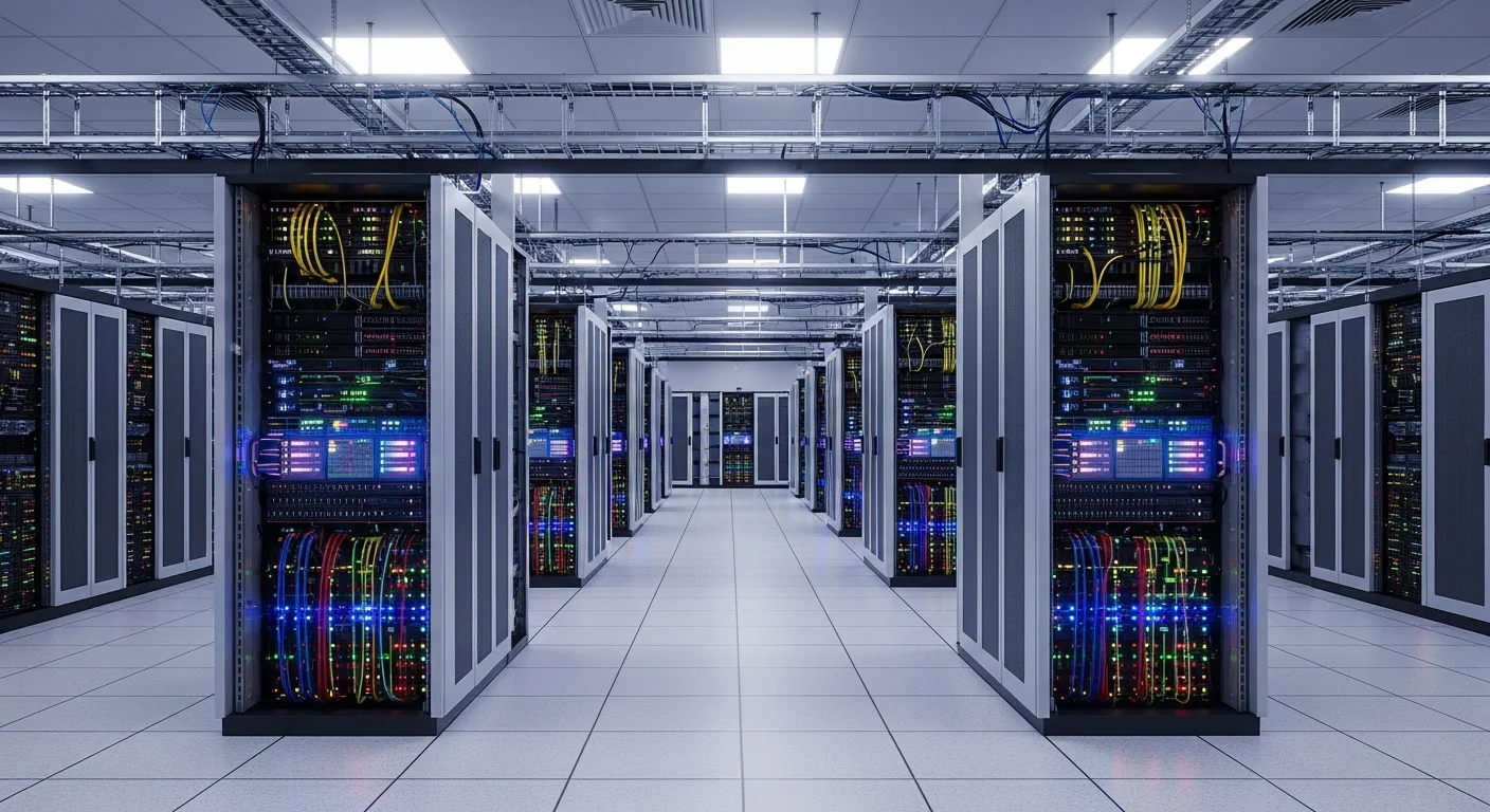 Ilustración de un centro de datos con múltiples servidores representando el concepto de web host.