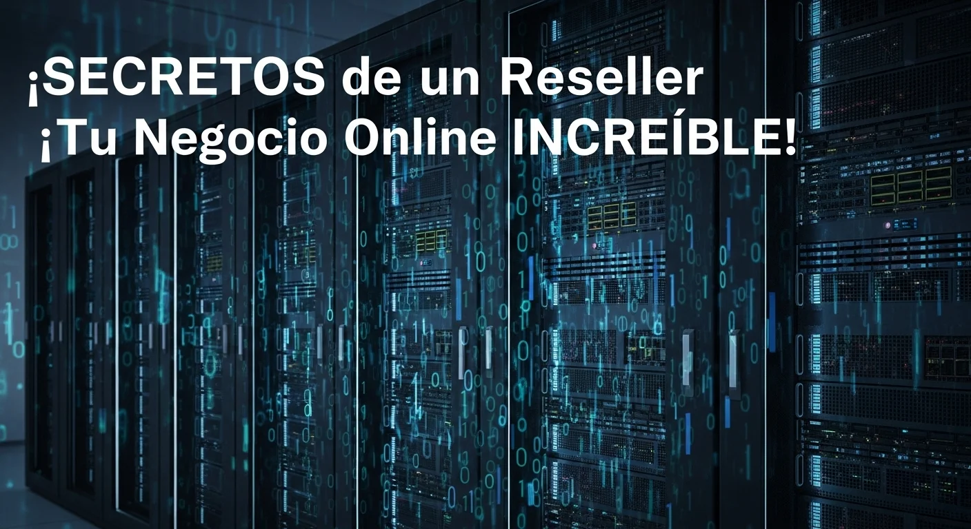 Una ilustración de racks de servidores con superposiciones de código binario, simbolizando el negocio de un reseller de hosting y dominios.