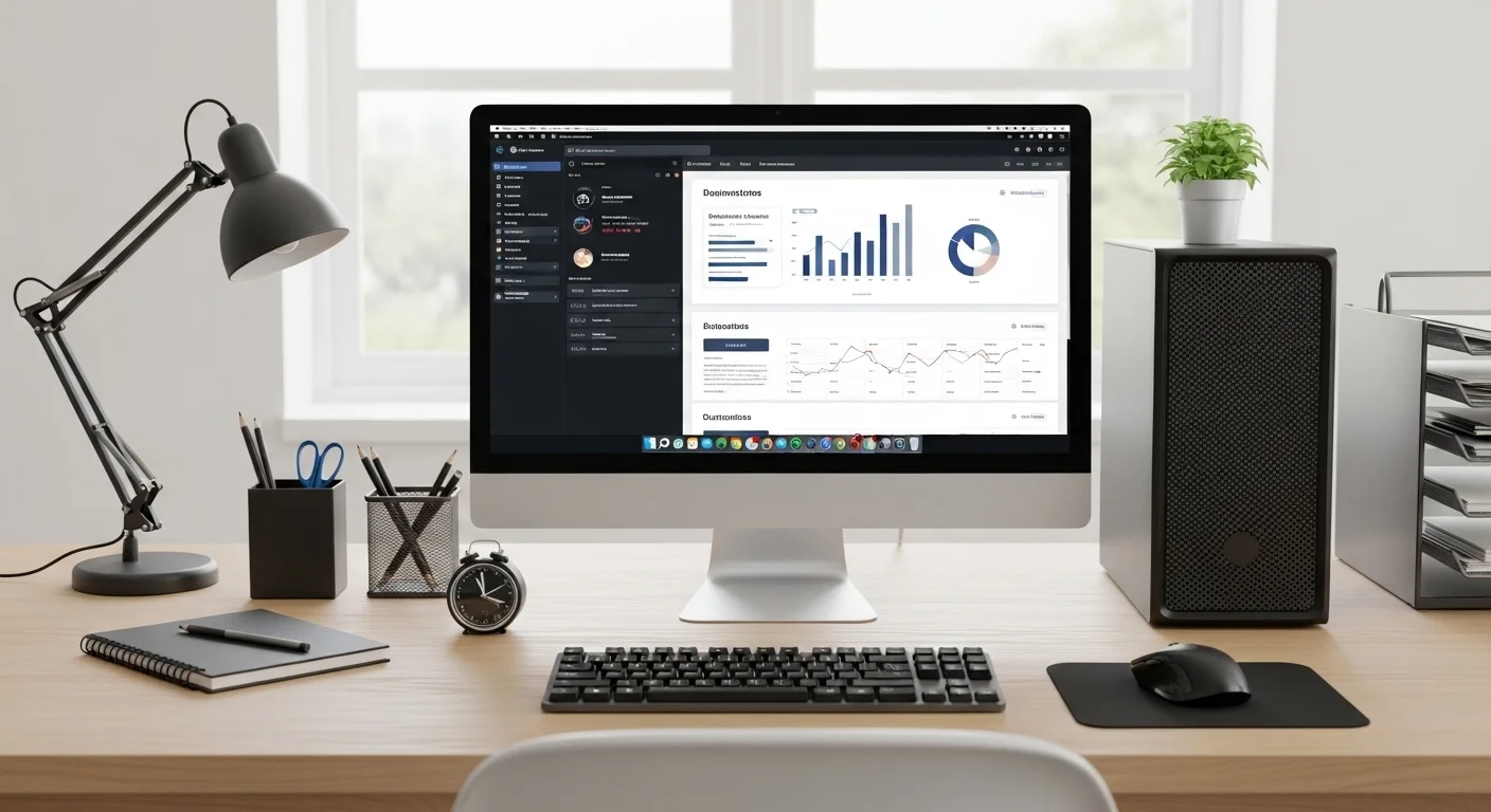 Escritorio de trabajo profesional con una computadora potente, monitor de alta resolución y accesorios para negocios de productos.