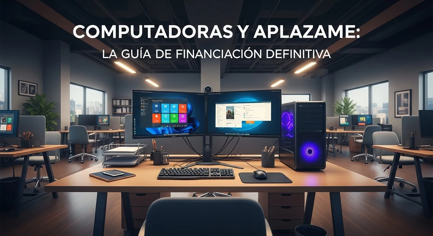 Moderno setup de oficina con una potente computadora, dos monitores y accesorios, financiado gracias a un servicio BNPL.