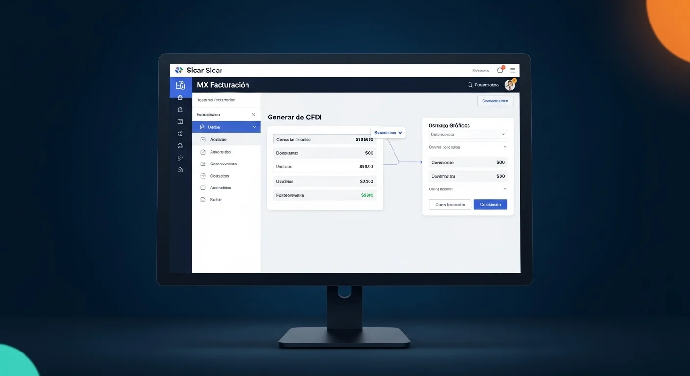 Una pantalla mostrando la interfaz de sicar mx facturacion, con gráficos y opciones para generar un CFDI.