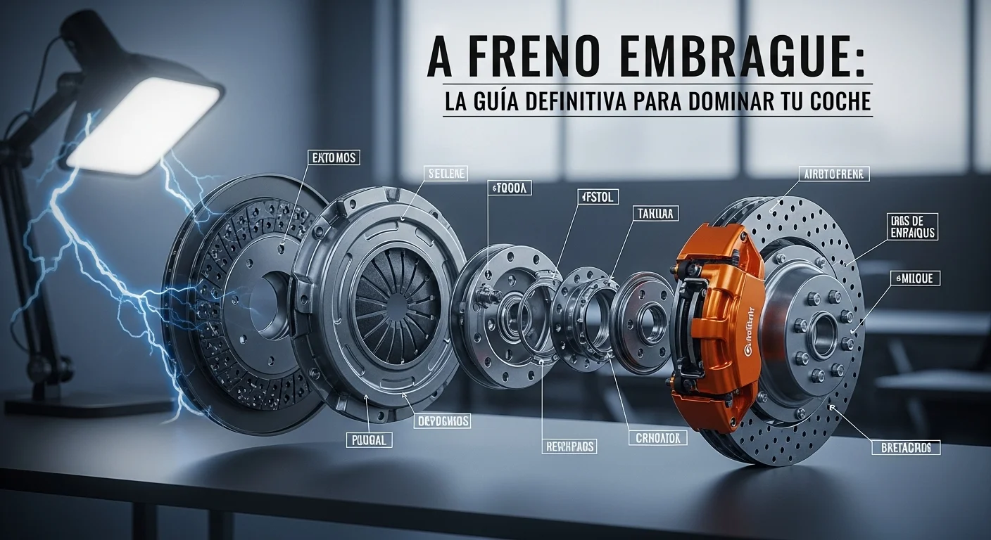 Diagrama detallado que muestra los componentes de un sistema de freno embrague, incluyendo el disco de embrague, el plato de presión, la pinza de freno y el disco de freno.