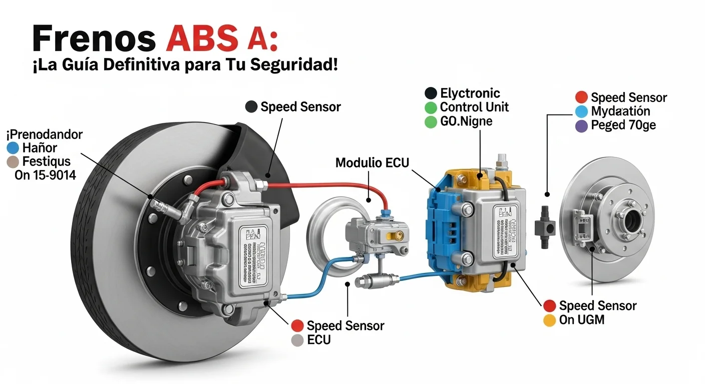 Diagrama detallado de los componentes de un sistema de frenos ABS en un carro, mostrando los sensores de rueda, la ECU y el modulador hidráulico.