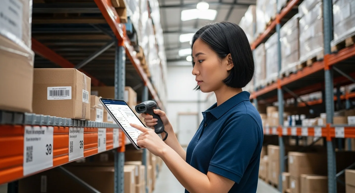 Un empleado en un almacén utilizando una tablet con un software de sistema POS para escanear y gestionar el inventario de productos en estanterías.
