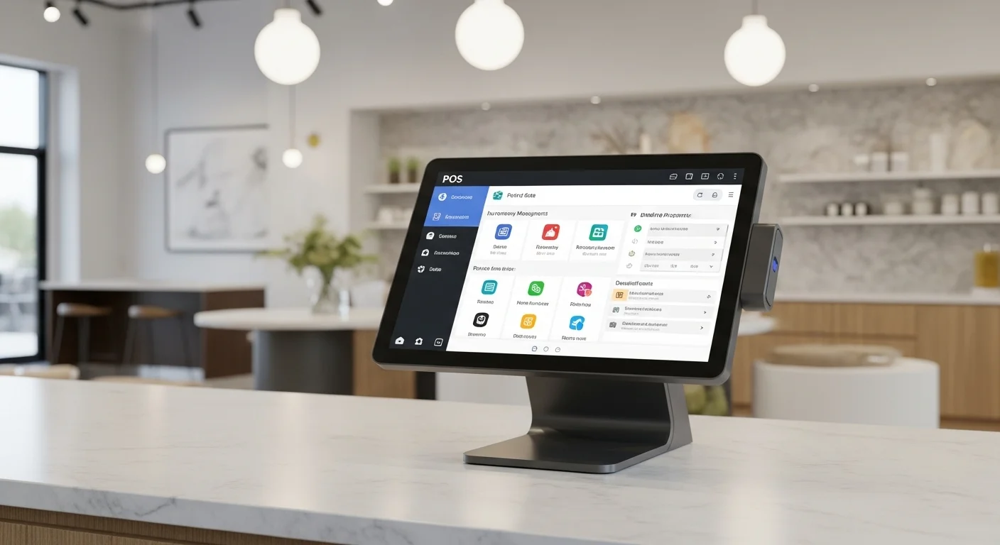 Un moderno sistema Pos en el mostrador de una tienda, mostrando una interfaz gráfica intuitiva con iconos de ventas, inventario y reportes.