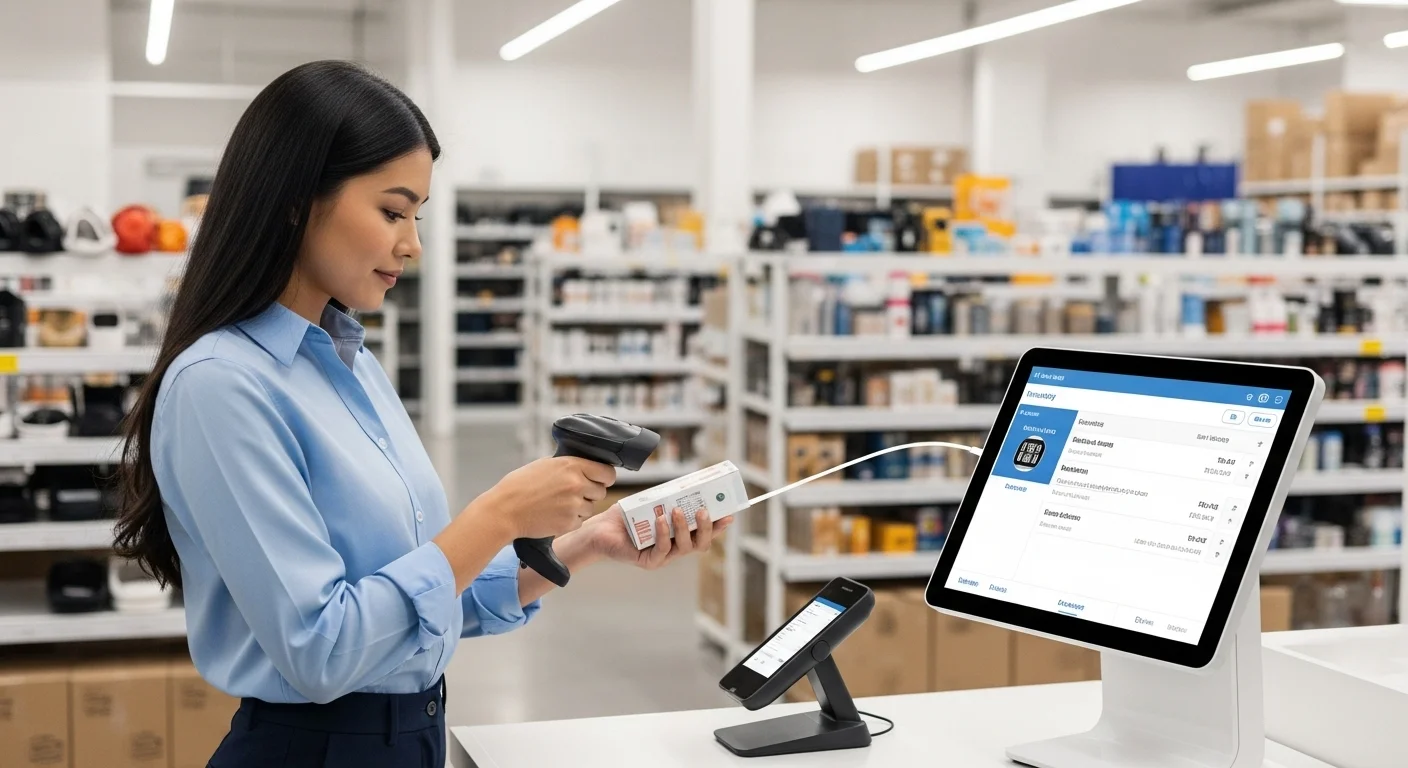 Empleado utilizando un escáner móvil conectado a un sistema pos en la nube para gestionar el inventario en un almacén de retail.