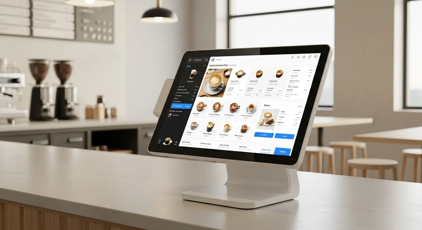Primer plano de un moderno sistema de punto de venta (TPV) en el mostrador de una cafetería, con una pantalla táctil mostrando el menú digital.
