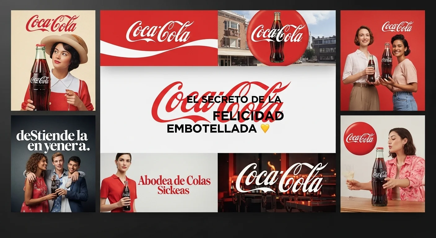 Un collage de diferentes slogans icónicos de Coca-Cola a lo largo de la historia, destacando la evolución de su mensaje publicitario.
