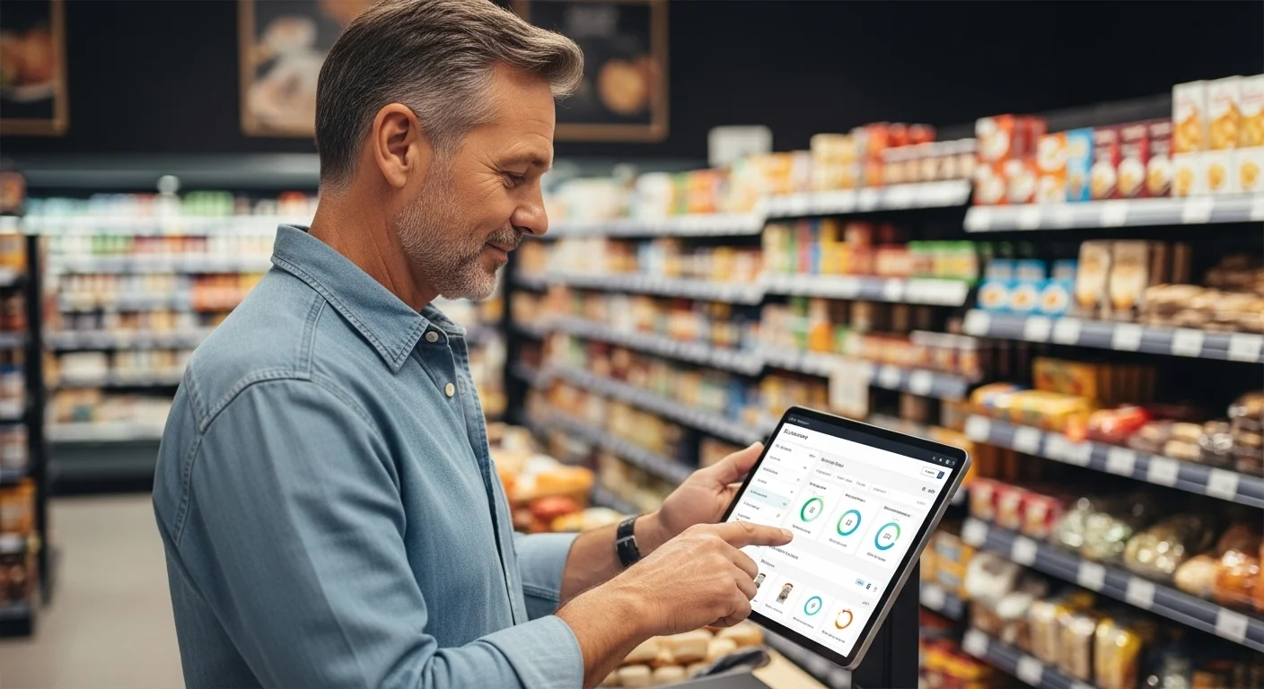 Dueño de una tienda de abarrorotes utilizando un software para tienda de abarrotes en una tablet para gestionar su inventario.