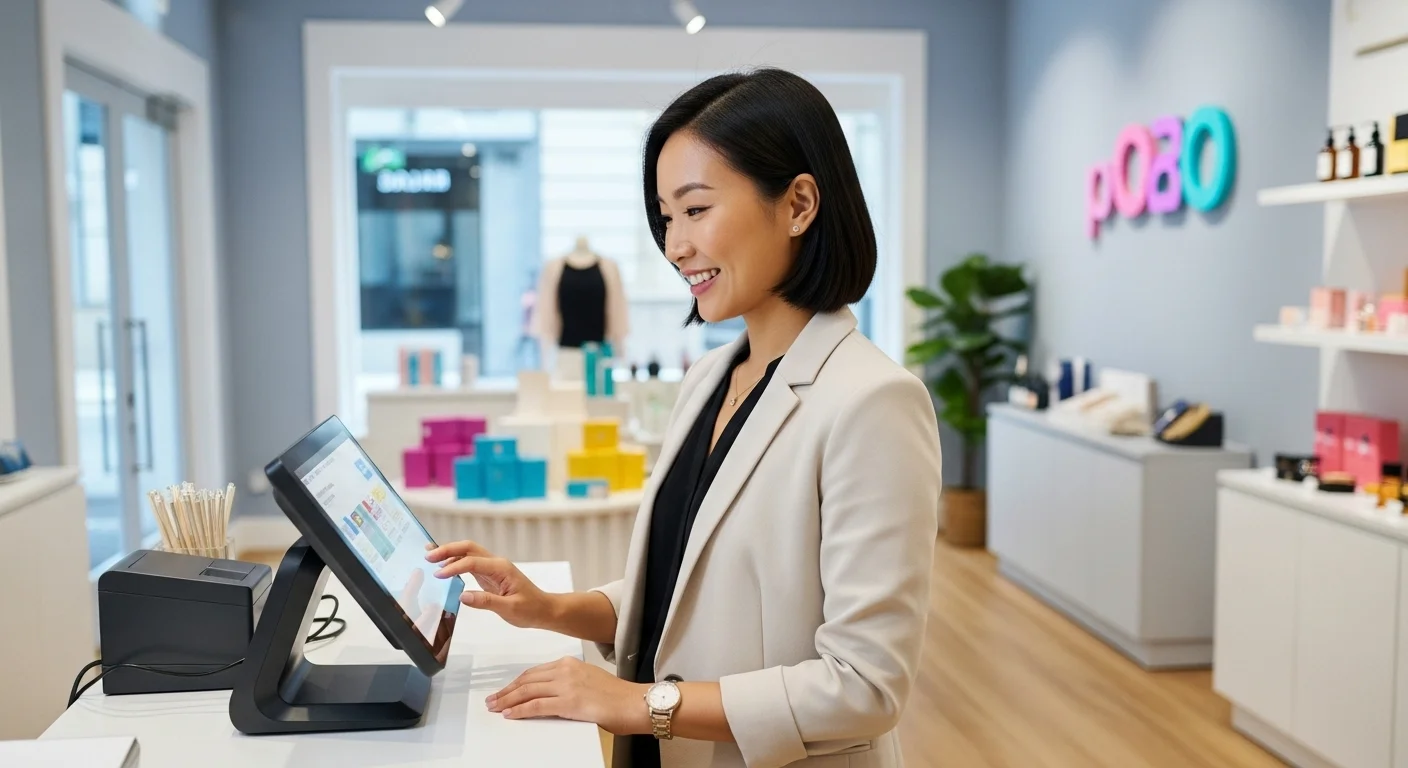 Una empresaria sonriente utiliza un moderno software pos con pantalla táctil en el mostrador de su luminosa tienda boutique.