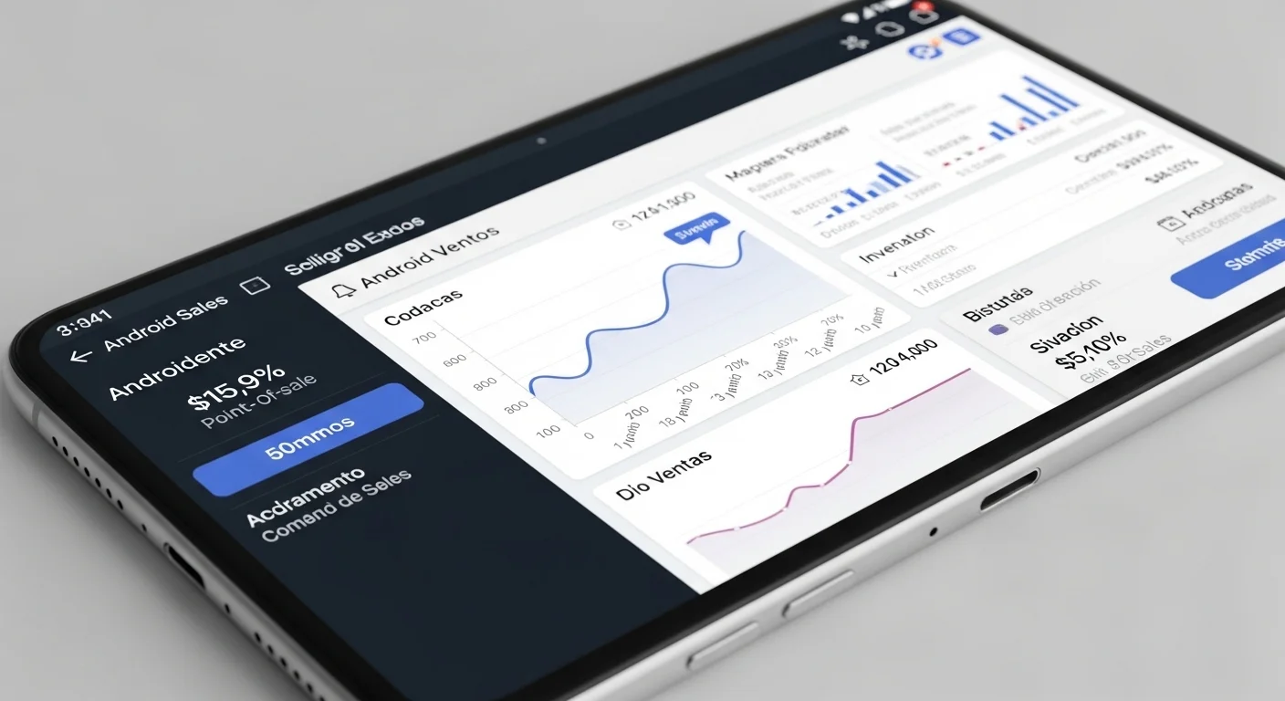 Primer plano de la interfaz de un software punto de venta para android gratis mostrando gráficos de ventas y gestión de inventario.