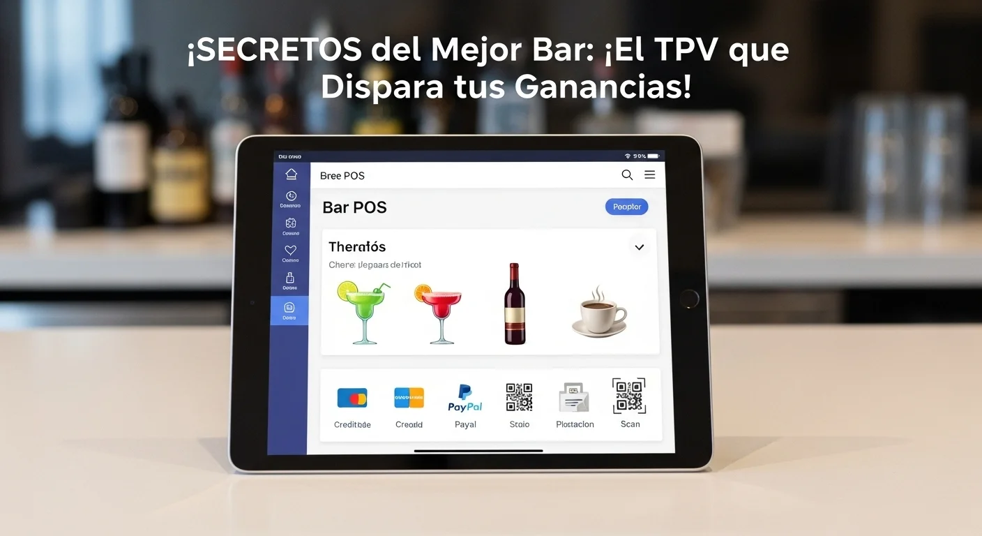 Una tablet mostrando un software tpv bar gratis, con iconos de bebidas y opciones de pago, ilustrando la accesibilidad del punto de venta para bar.