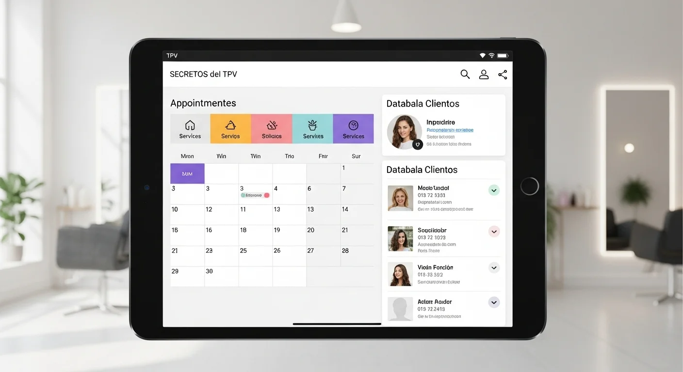 Pantalla de un TPV para estética en una tablet, mostrando el calendario de citas y fichas de clientes.
