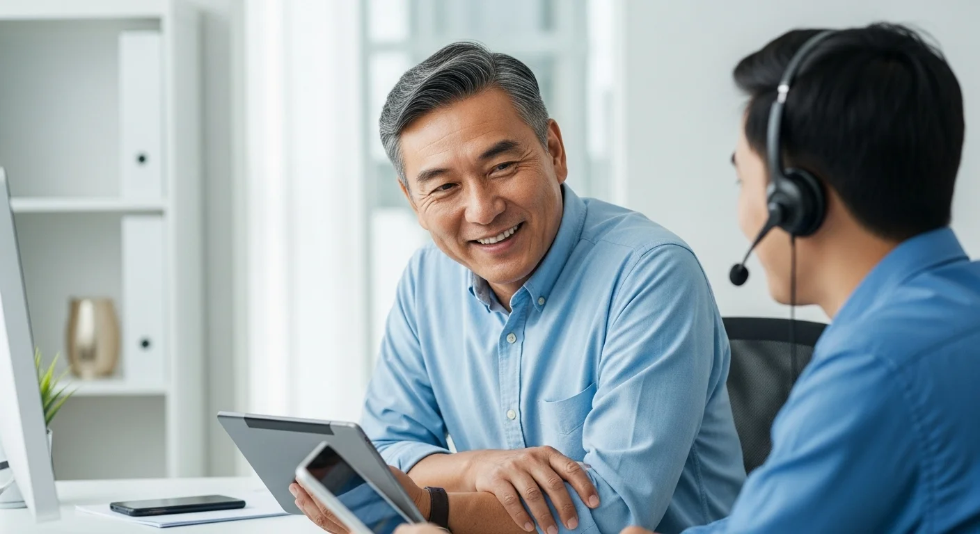 Una persona sonriendo mientras conversa con un agente de soporte técnico a través de auriculares, representando un soporte al cliente eficiente para su servicio de hosting y dominio.