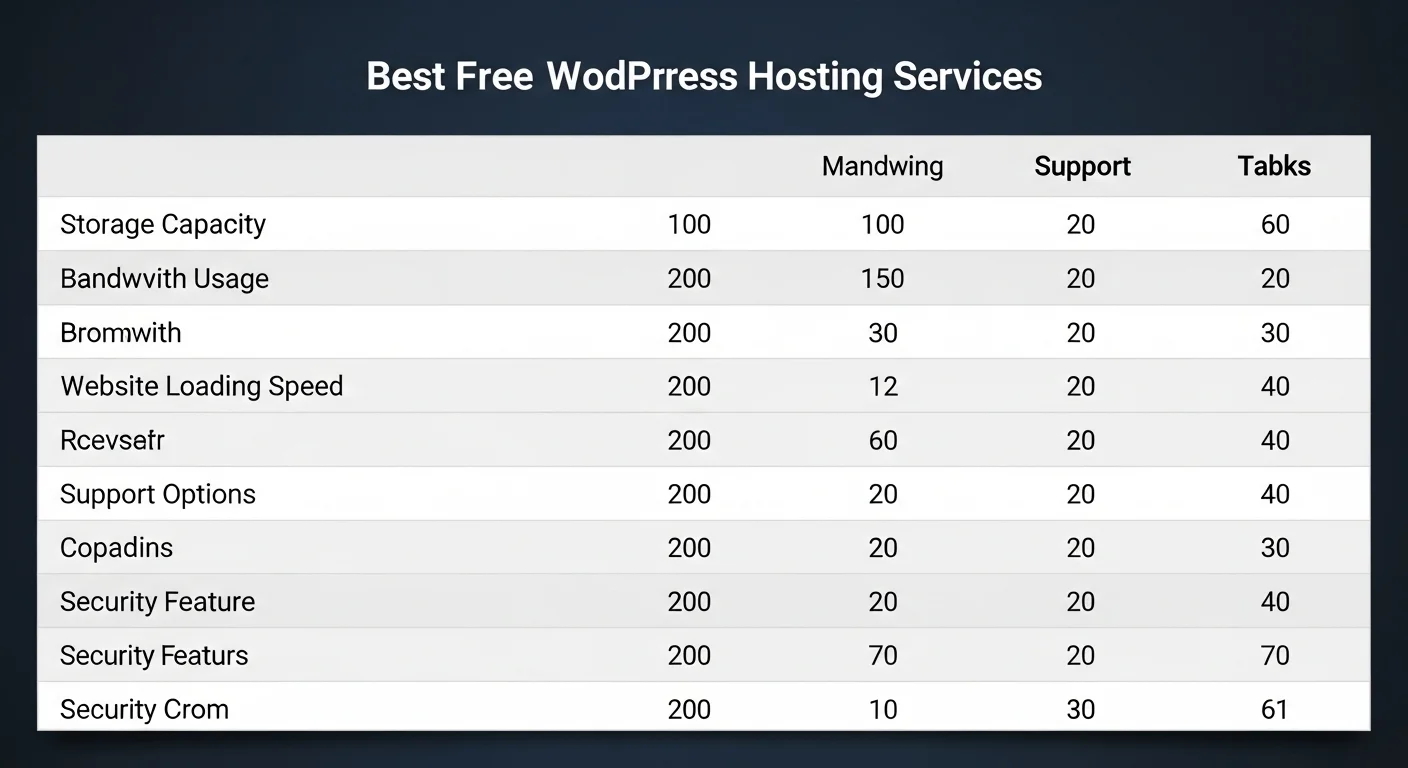 Tabla comparativa que muestra las características de los mejores hostings gratis para WordPress.