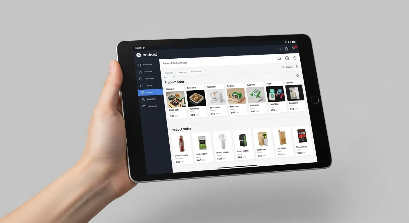 Una mano sosteniendo una tablet con una interfaz de software TPV Android, mostrando un catálogo de productos.