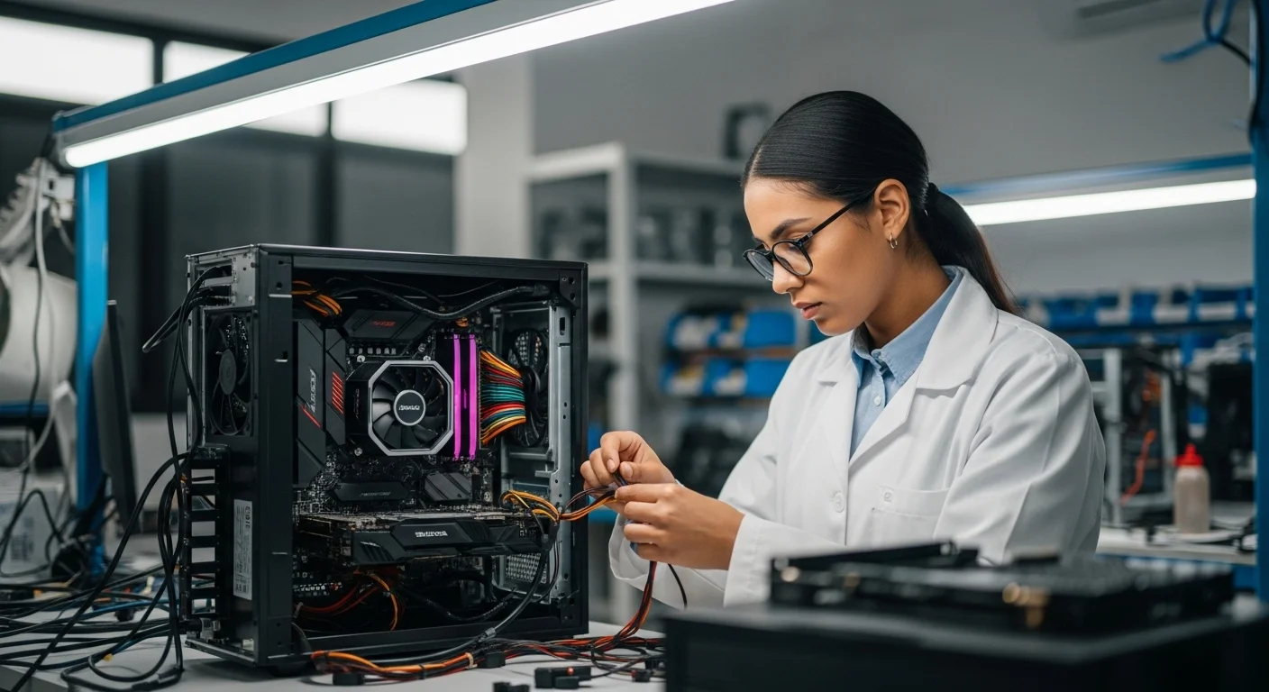 Técnico experto ensamblando una computadora de alto rendimiento en un taller limpio y moderno.