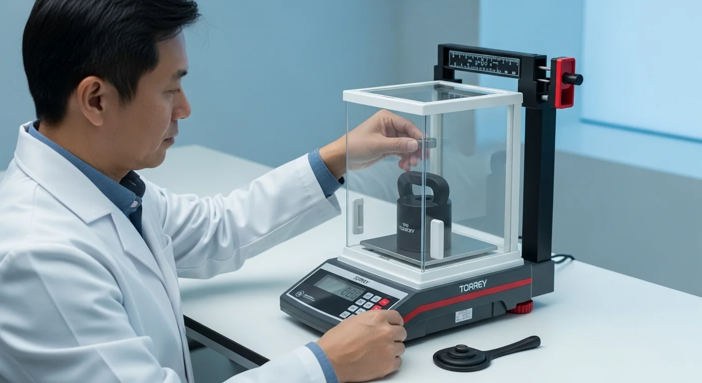 Un técnico utilizando una pesa patrón para calibrar una báscula digital Torrey, asegurando su máxima precisión.