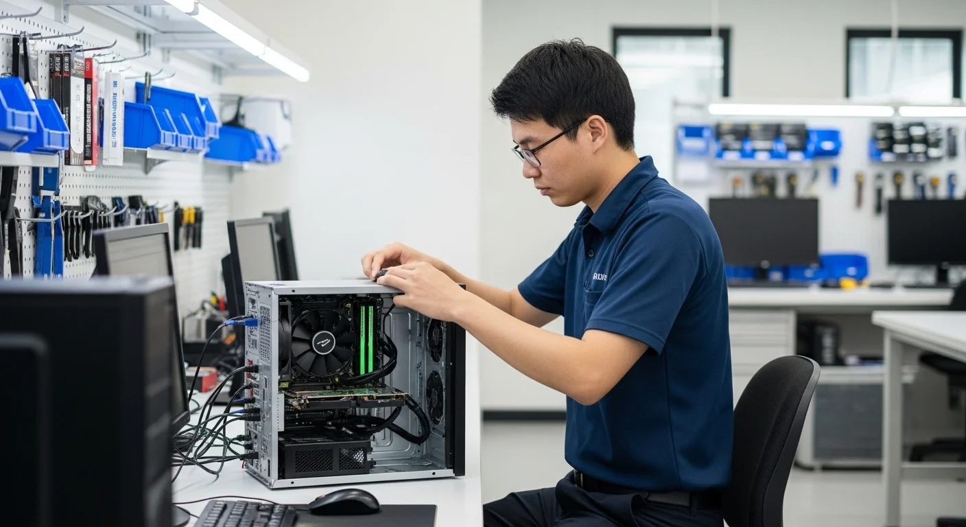 Técnico experto concentrado en el ensamblaje de una computadora de alto rendimiento en un taller de servicio.