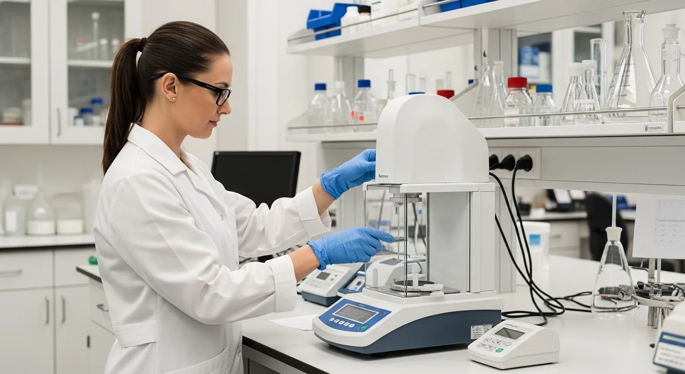 Un técnico de laboratorio introduce una muestra en una termobalanza de alta precisión para un análisis de humedad, destacando la aplicación del equipo.