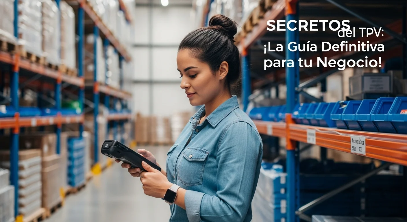 Una persona utilizando un TPV Android portátil para escanear productos y gestionar el inventario en un almacén.