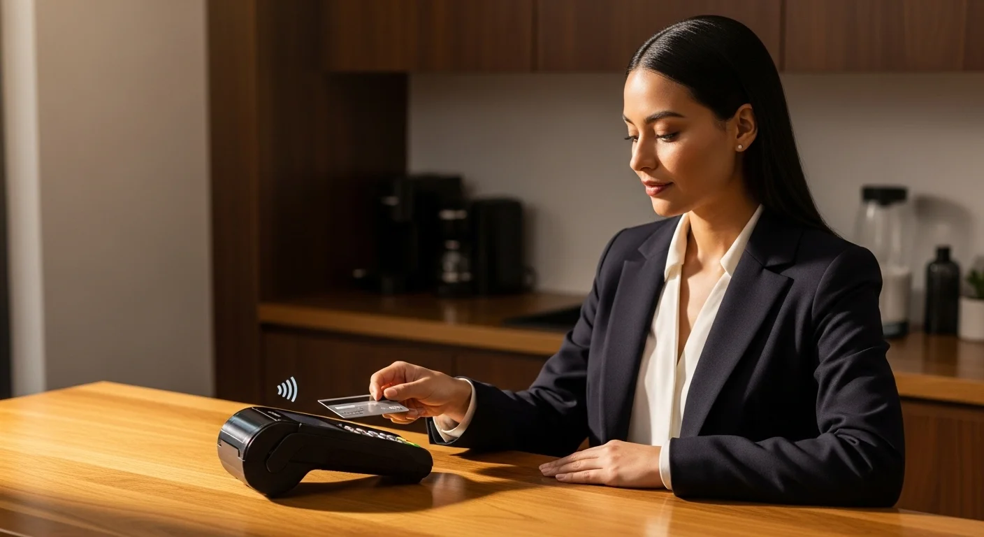 Cliente realizando un pago contactless con su tarjeta de crédito en una moderna terminal tarjeta negra sobre un mostrador de madera.