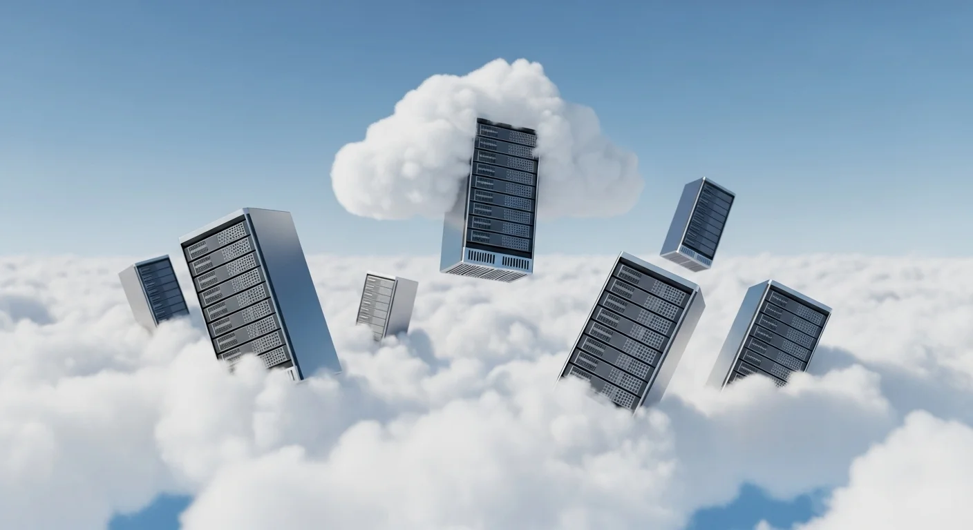 Ilustración de múltiples servidores flotando en nubes, simbolizando el concepto de VPS Gratis y la computación en la nube accesible.