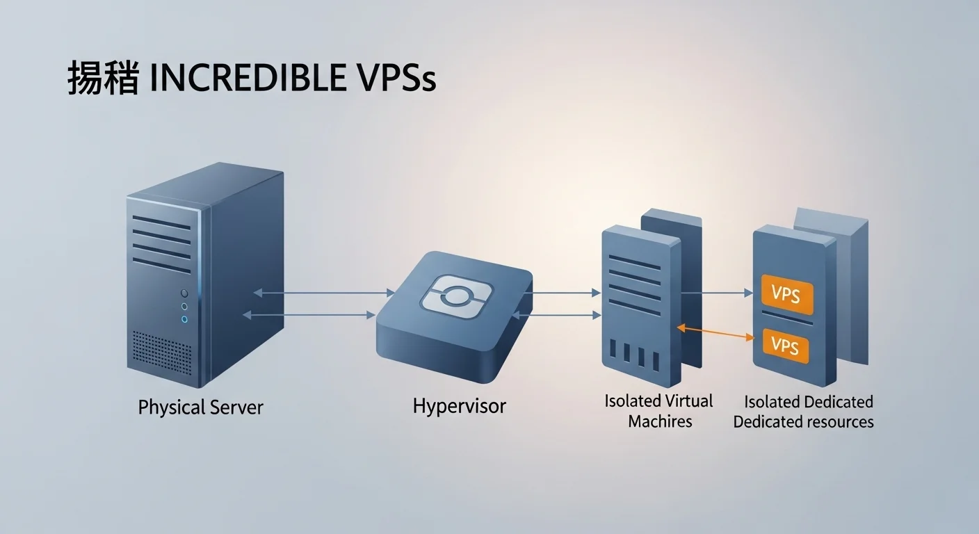 Diagrama que ilustra la arquitectura de un servidor VPS Windows, mostrando el servidor físico, el hipervisor y las máquinas virtuales aisladas con recursos dedicados.