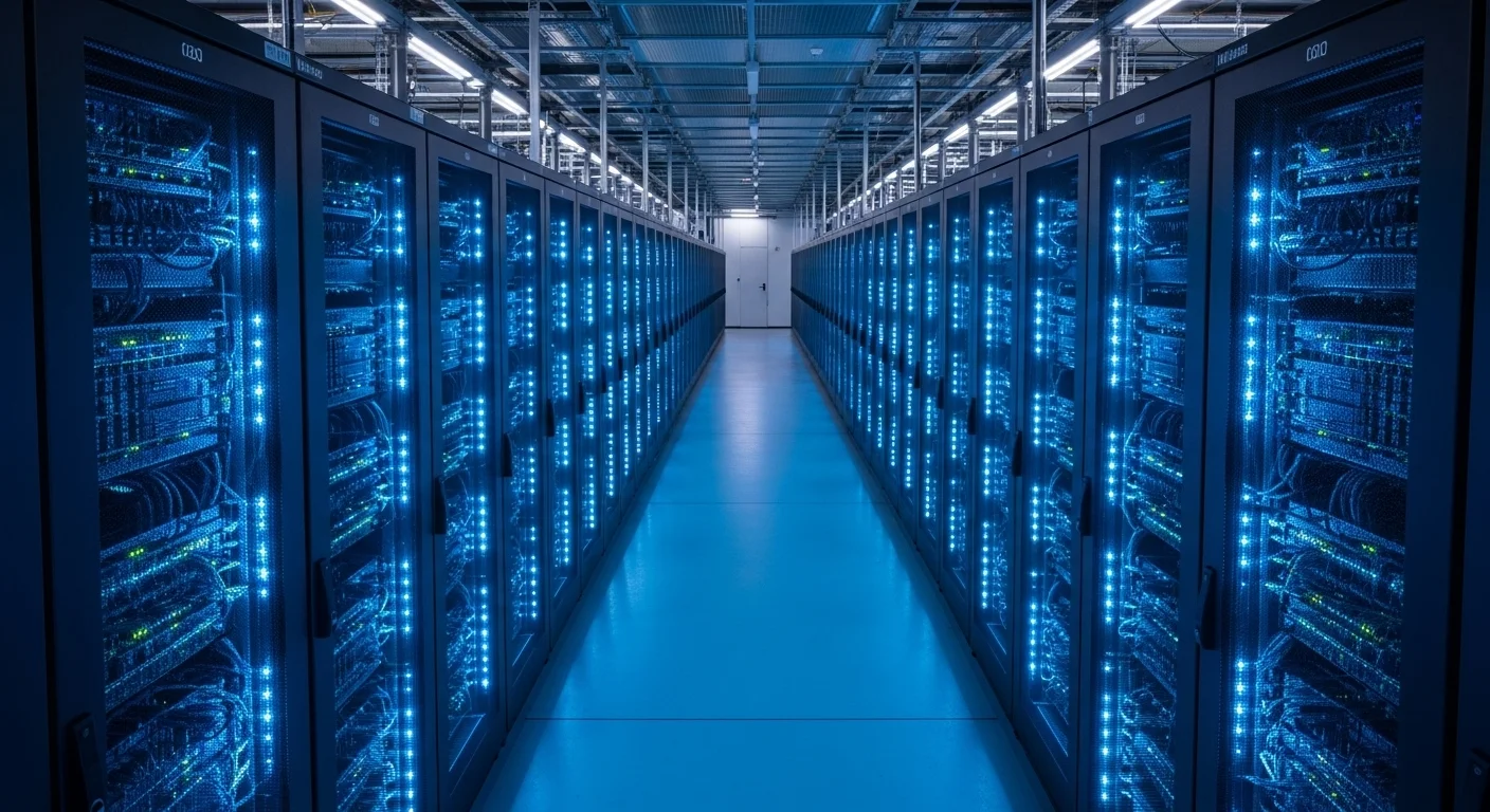 Pasillo de un centro de datos moderno con múltiples racks de servidores iluminados con luces LED azules, representando el concepto de Web Hosting.