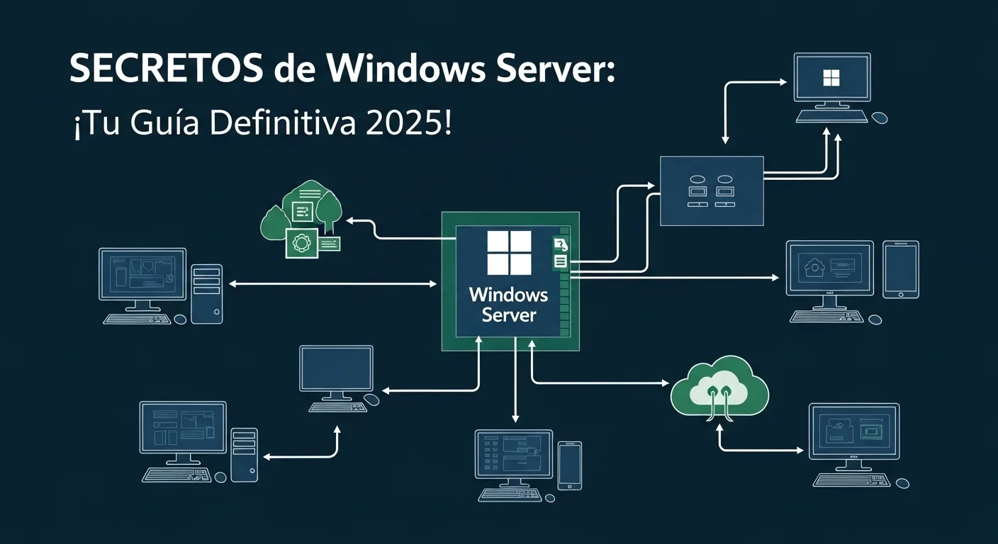 Infografía que muestra un diagrama de red empresarial con un servidor central ejecutando Windows Server, conectando estaciones de trabajo, dispositivos móviles y servicios en la nube.