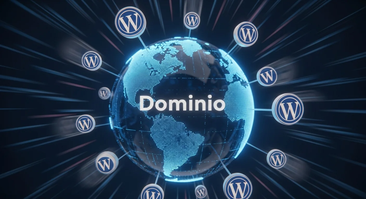 Una ilustración conceptual que muestra un globo terráqueo digital con la palabra 'Dominio' en el centro, rodeado de logos de WordPress, simbolizando la importancia del wordpress dominio en la presencia global online.