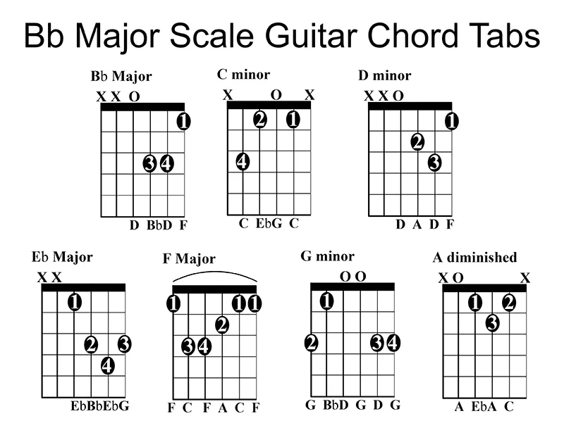 7 basic B-flat Major Scale chord tabs on a Guitar