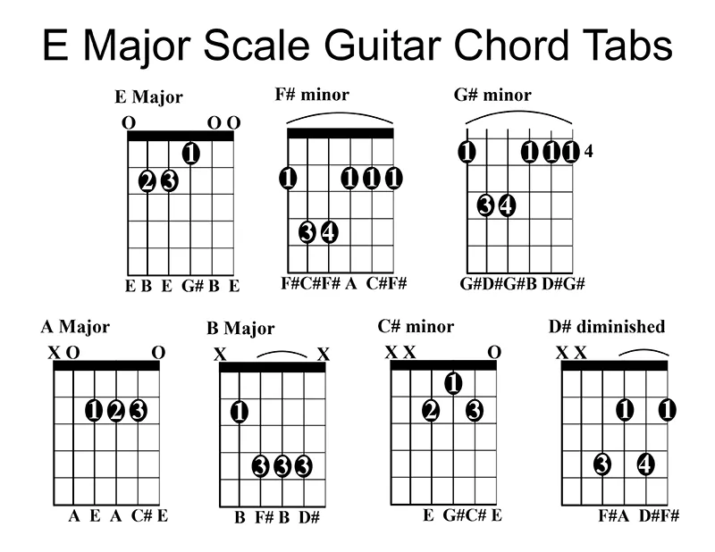 E Major Scale chord tabs on a Guitar