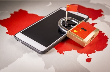 Padlock, China flag on a smartphone and China map, symbolizing the Great Firewall of China concept or GFW and all extreme Internet censorship in China