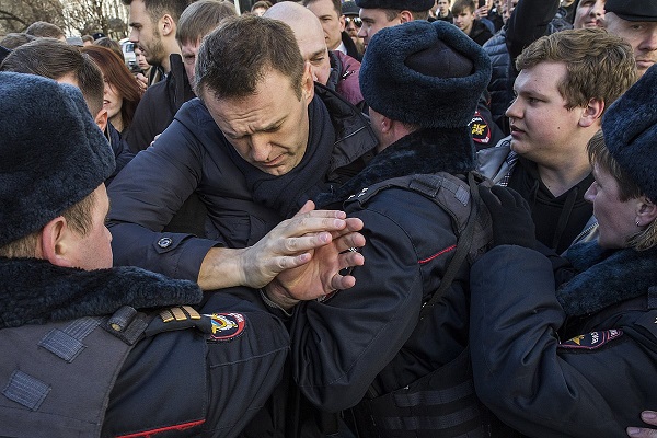 The Russian opposition leader Alexei Navalny is being detained on Tverskaya street in Moscow