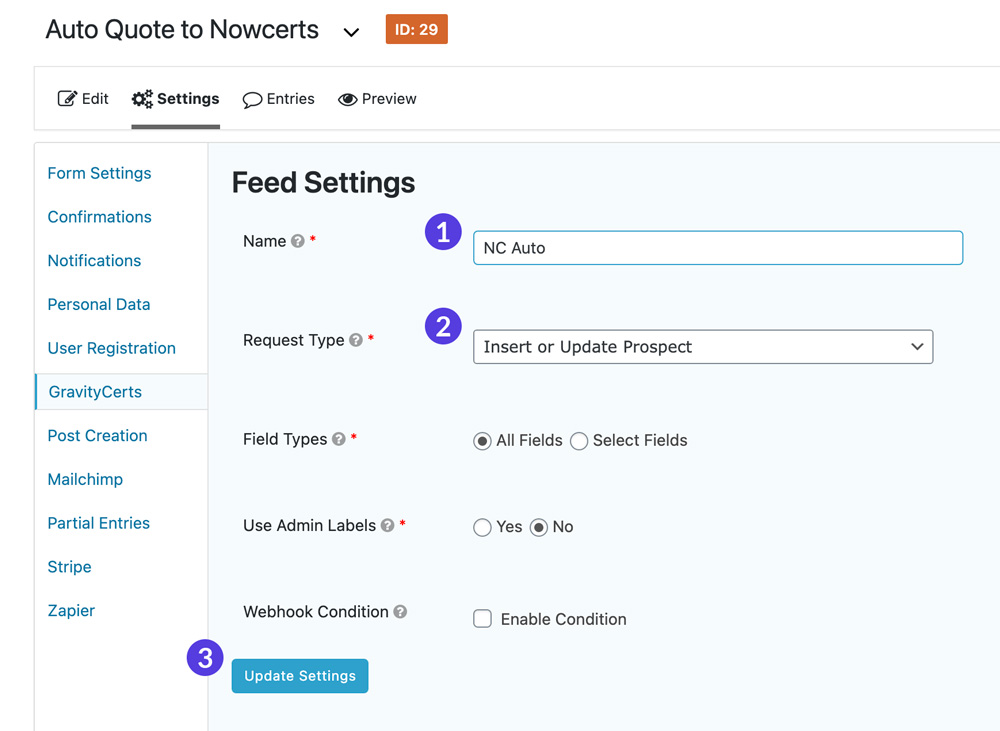 GravityCerts Plugin feed settings admin page